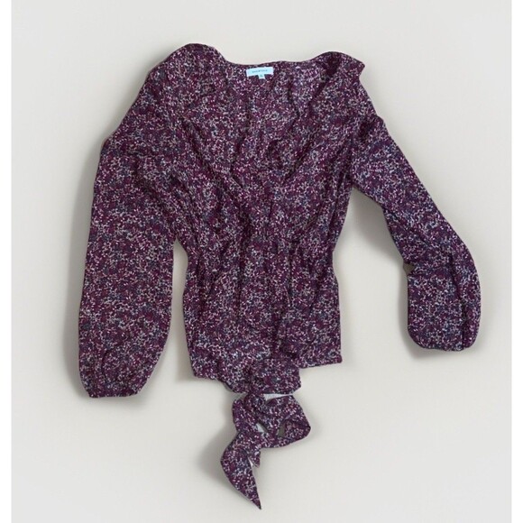 Max Studio Women's Blouse SZ XS Wrap Ruffle Front Peplum Ditzy Floral Burgundy - Picture 1 of 7